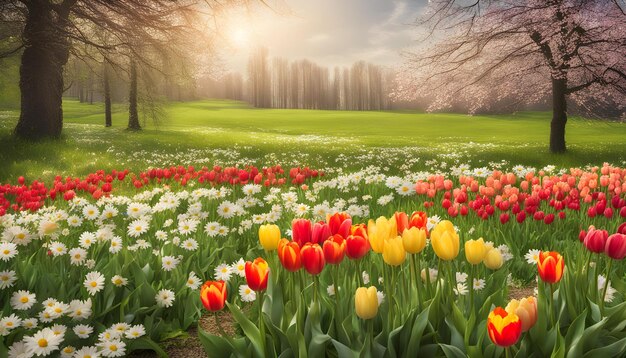 a field of tulips with the sun behind them