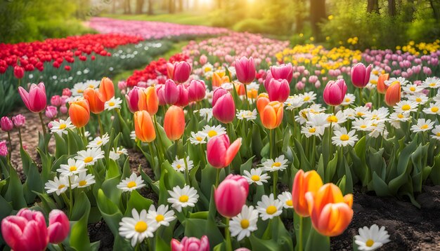 a field of tulips with the sun behind them