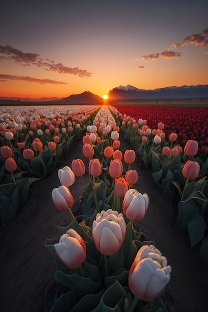 Field of tulips with a sunset in the background generative ai