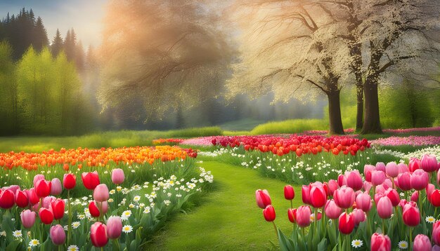 a field of tulips with a tree in the background