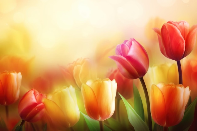 A field of tulips with a yellow background