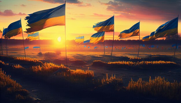 Foto campo di bandiere ucraine al tramonto genera ai