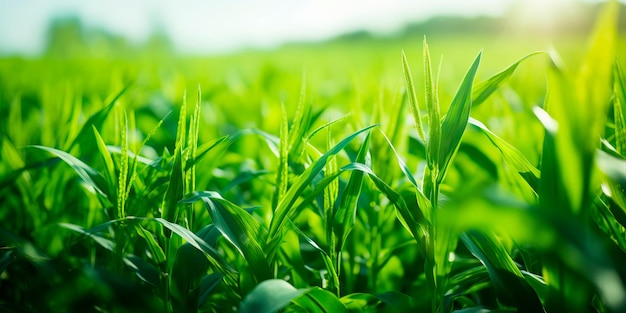 Field of vibrant green biofuel crops such as corn or sugarcane used for sustainable energy production