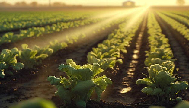 field of vibrant green lettuce with a sprinkler system gently watering the delicate leaves in the early morning light