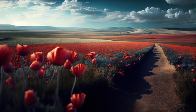 A field of vibrant red poppies with a beautiful sky in the background generative AI