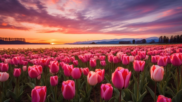Foto un campo di tulipani vivaci nel pomeriggio