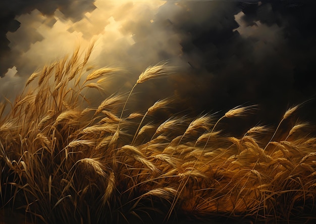写真 畑、小麦、曇り空、背景、うっすらとした闇、風が吹く、葉、黄金の夜明け、ゴールドフレーク