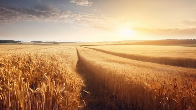На фоне заходящего солнца показано пшеничное поле.
