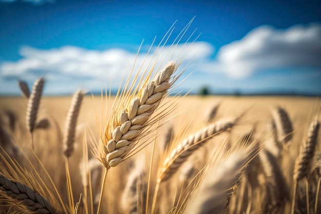 A field of wheat with a blue sky in the background