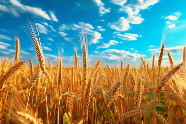 A field of wheat with a blue sky in the background