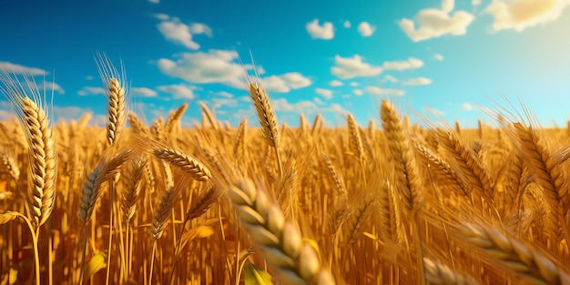 A field of wheat with a blue sky in the background.