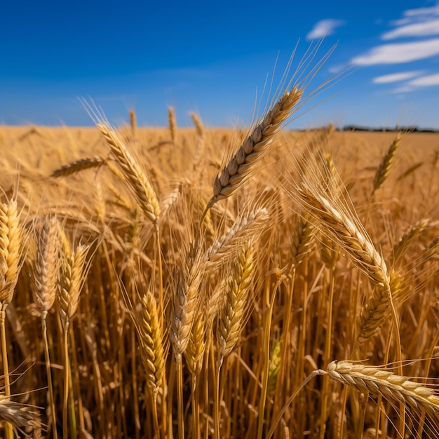 A field of wheat with a blue sky in the background