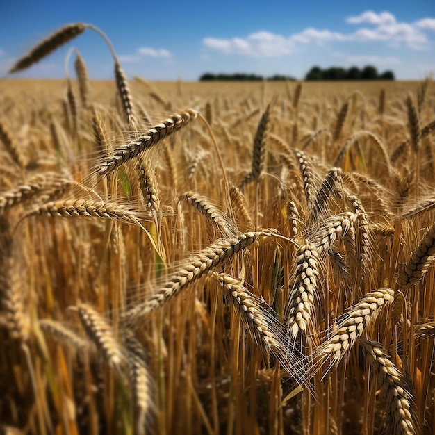 A field of wheat with a blue sky in the background