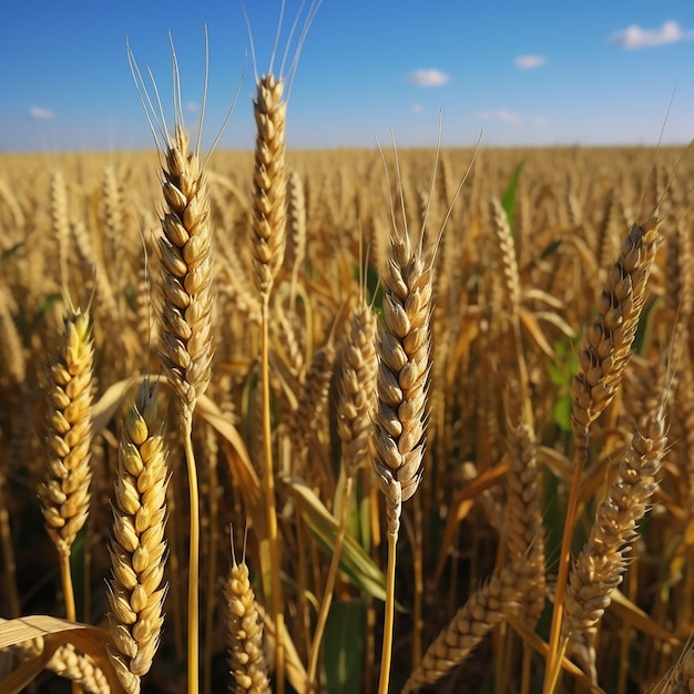 A field of wheat with a blue sky in the background