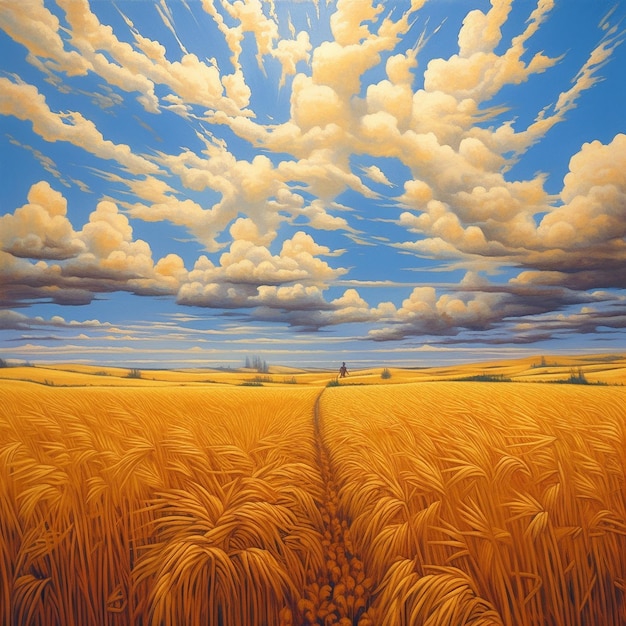 a field of wheat with a blue sky and clouds.