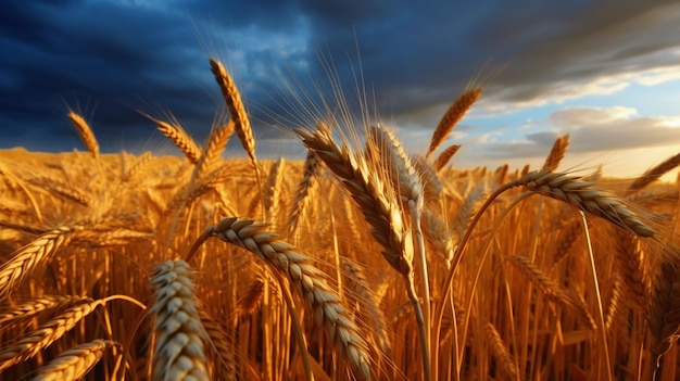 A field of wheat with a cloudy sky in the background