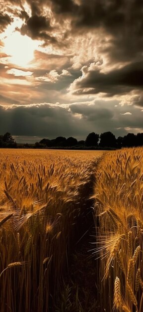 A field of wheat with a cloudy sky in the background