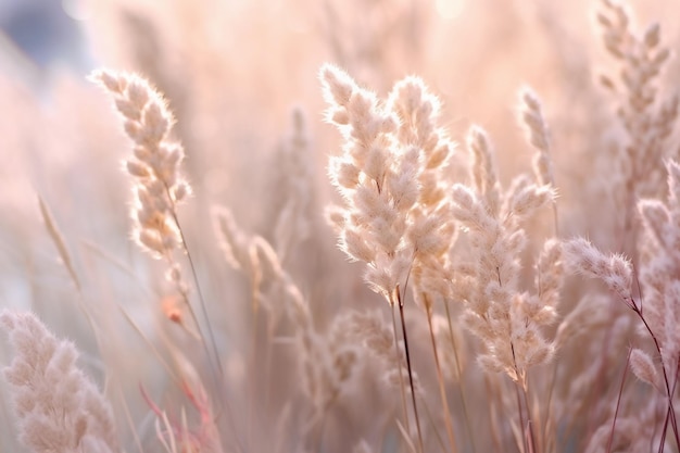 A field of wheat with a pink sky in the background