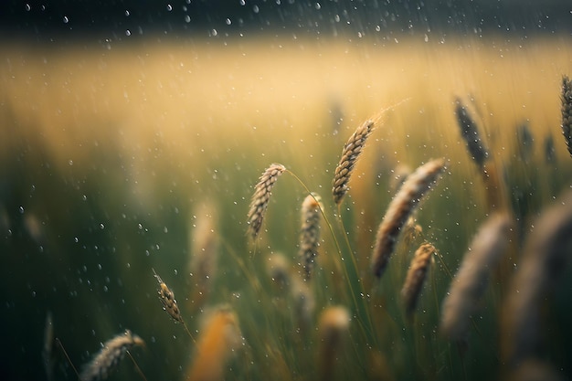 A field of wheat with rain drops on the grass