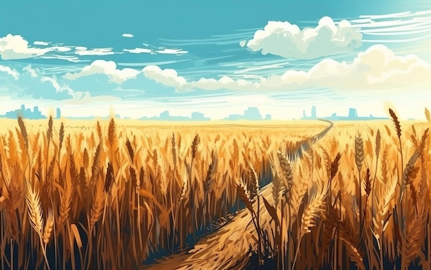 地平線に続く道のある麦畑