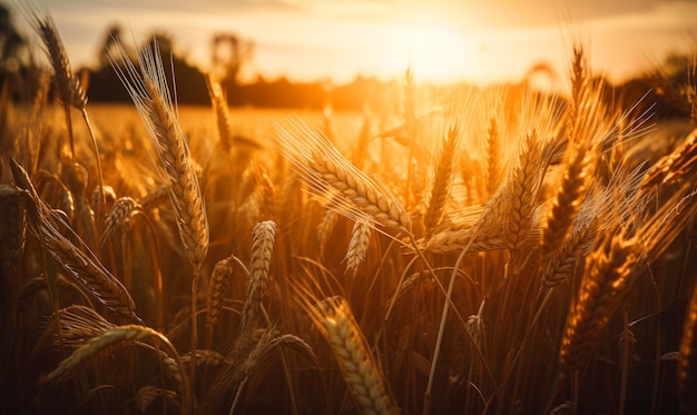 A field of wheat with the sun setting in the background Beautiful sunset over a golden field of wheat