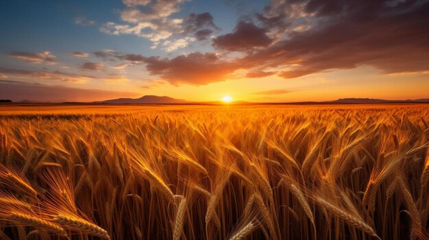 a field of wheat with the sun setting in the background