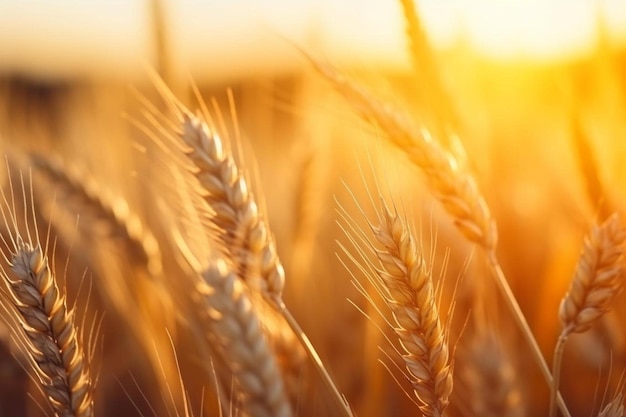 Foto un campo di grano con il sole che tramonta sullo sfondo