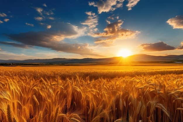 背景に沈む夕日と麦畑