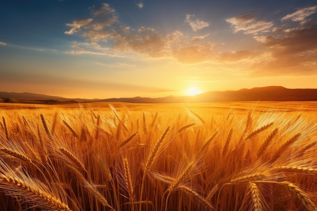 a field of wheat with the sun setting in the background