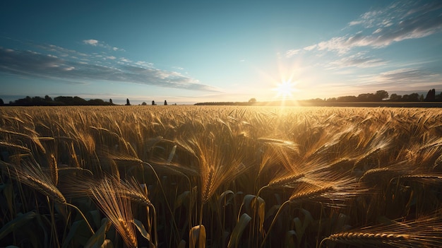 A field of wheat with the sun setting behind it