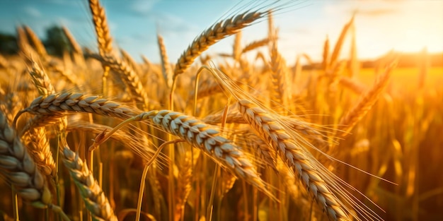 A field of wheat with the sun setting behind it