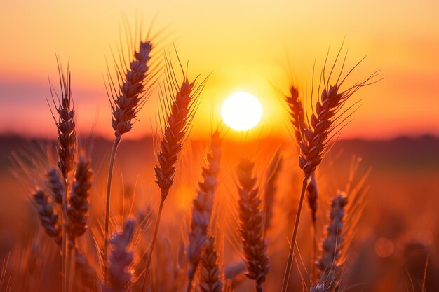 A field of wheat with the sun setting behind it