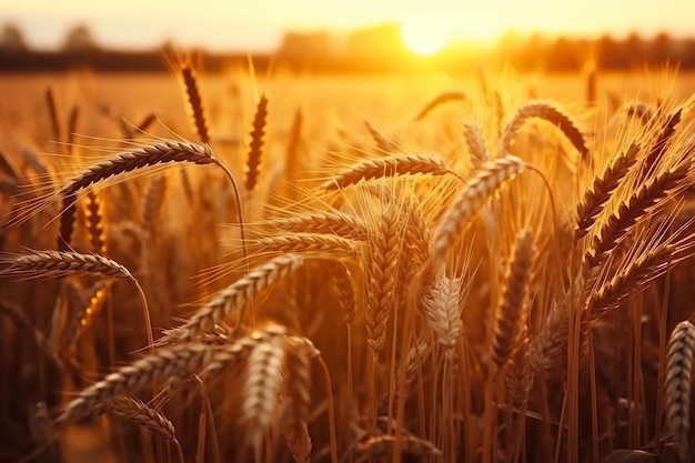 A field of wheat with the sun setting behind it