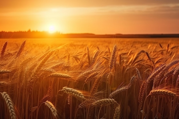 A field of wheat with the sun setting behind it