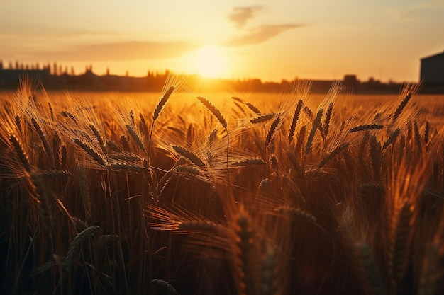 A field of wheat with the sun setting behind it