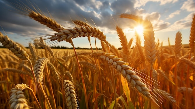 A field of wheat with the sun setting behind it