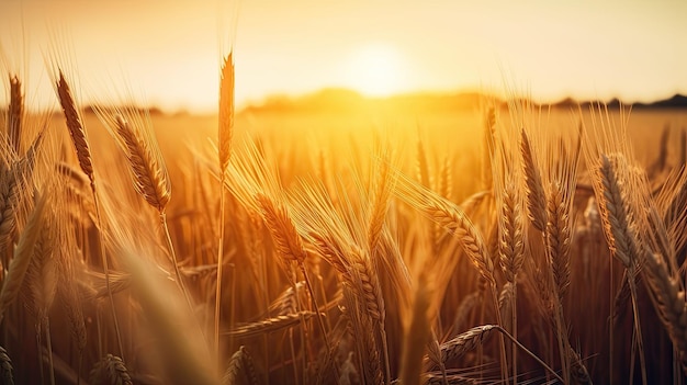 A field of wheat with the sun setting behind it