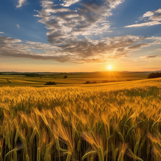 Пшеничное поле с заходящим за ним солнцем