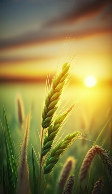 A field of wheat with the sun setting behind it