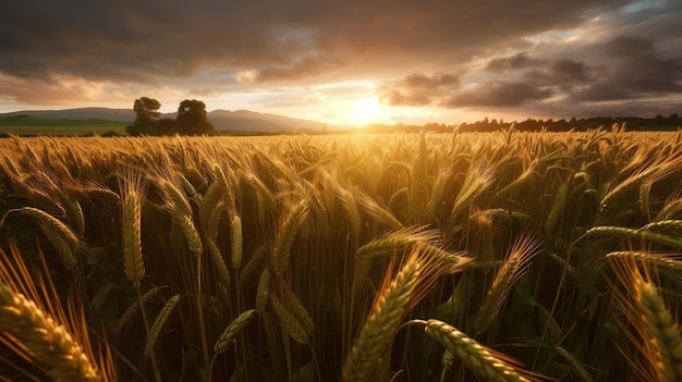 A field of wheat with the sun setting behind it