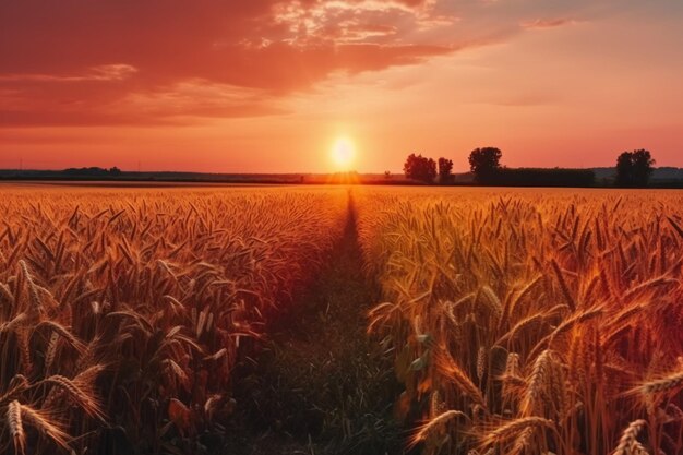 A field of wheat with the sun setting behind it