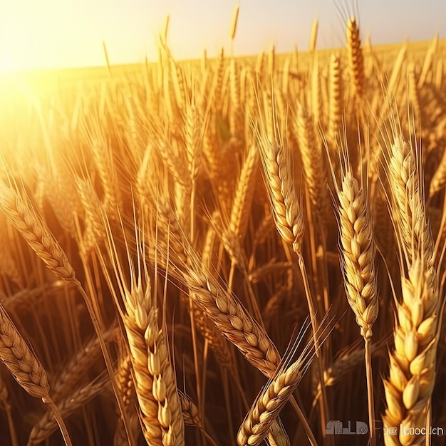 A field of wheat with the sun shining on it