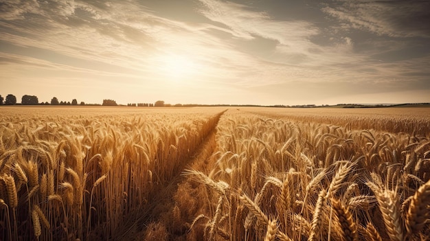 A field of wheat with a sunset in the background