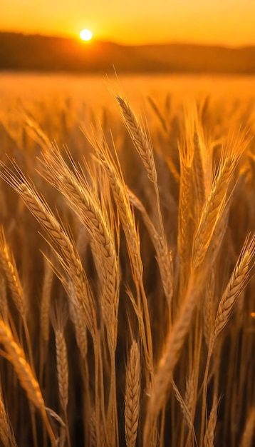 a field of wheat with the sunset in the background