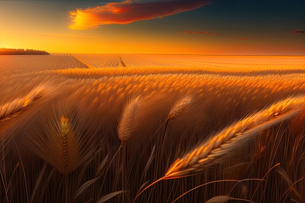 A field of wheat with a sunset in the background