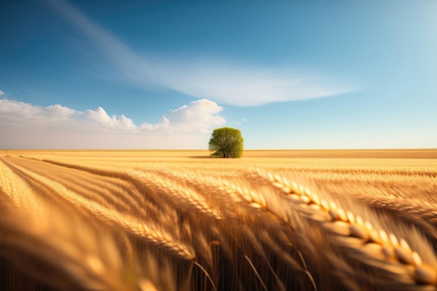 A field of wheat with a tree in the foreground