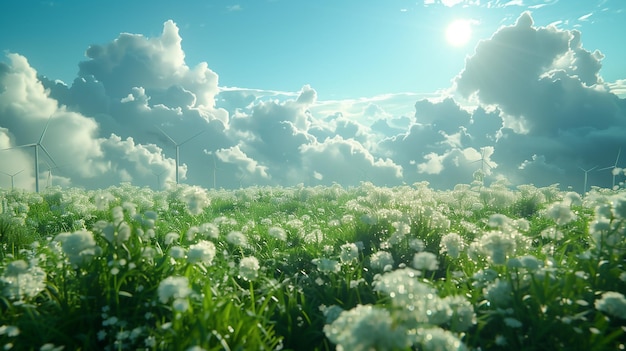 Photo a field of white dandelions wild flowers at sunset