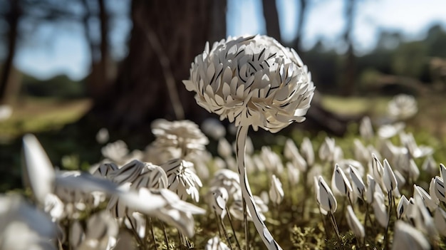 A field of white flowers with a tree in the background