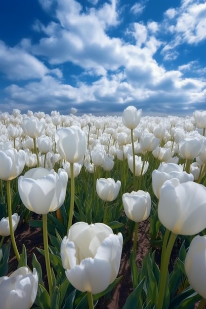 A field of white tulips with a blue sky in the background.