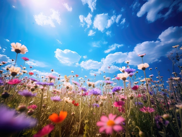 Field of wild flowers and blue sky sunshine in summer